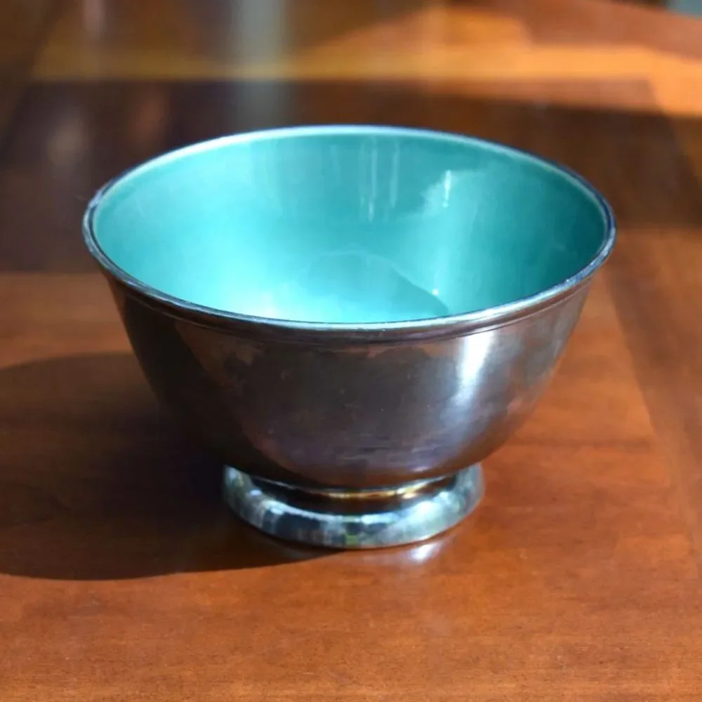 Vintage MCM Towle Silver Paul Revere Mint Green Enamel Footed Bowl